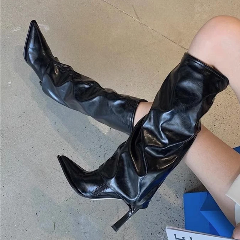 

Winter New Women High Heels Chelsea Boots Pleated Sexy Shoes Designer Thin Heels Knee High Boots Pumps Motorcycle Botas