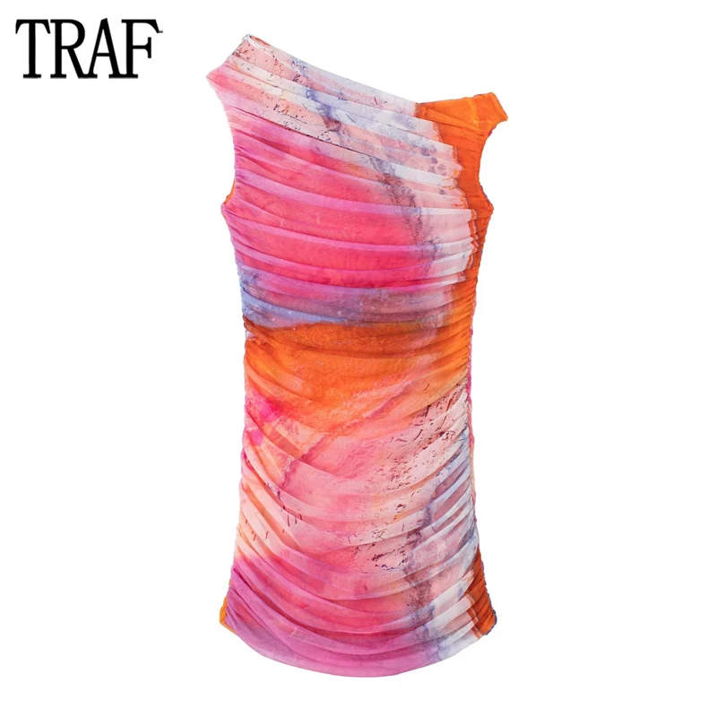 

TRAF Ruched Tulle Dress Woman Print Bodycon Short Dresses for Women Asymmetric Evening Dress Women Sleeveless Summer Mini Dress
