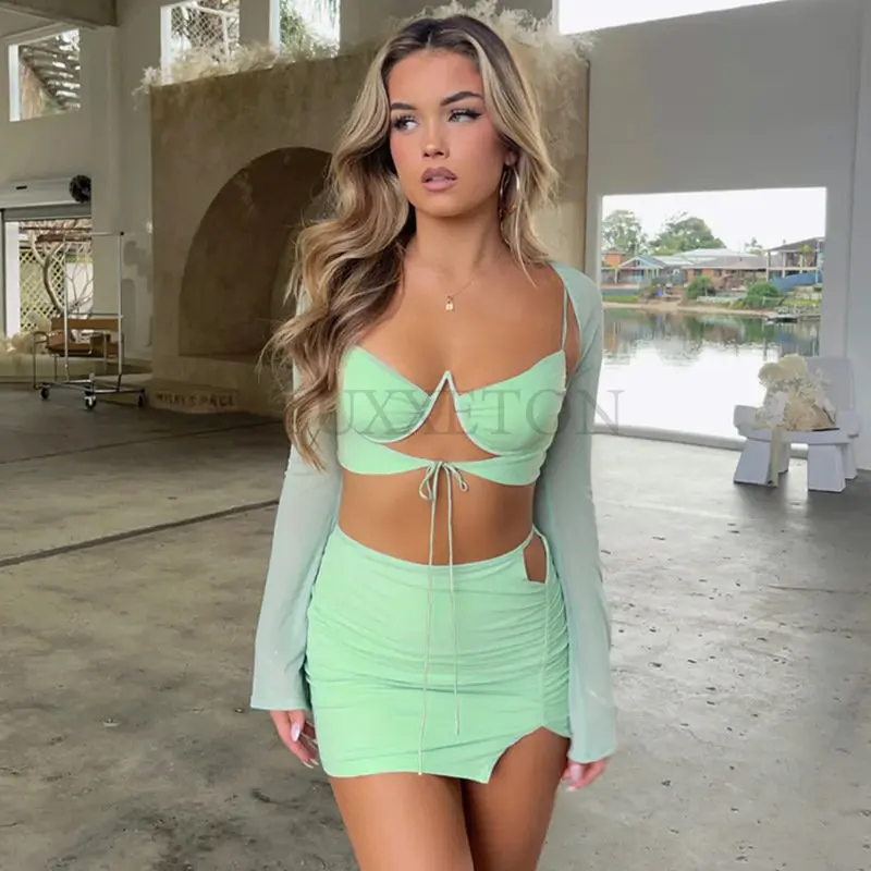 

Y2K одежда, комплект из 3 предметов, короткий топ без рукавов на шнуровке с открытой спиной и Боковым Разрезом, женский костюм с завышенной тал...