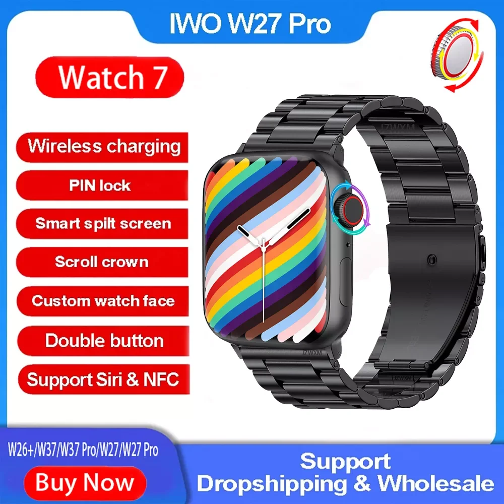 

2022 New IWO W27 Pro Smart Watch Series 7 Wireless Charging Bluetooth Call Split Screen PIN Lock Smartwatch 14 Support Siri NFC