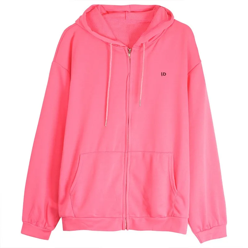 

2023 Autumn Retro Solid Color Zip Up Oversized Hooded Sweatshirts Women Harajuku Korean Version Long Sleeved Hoodies Coat