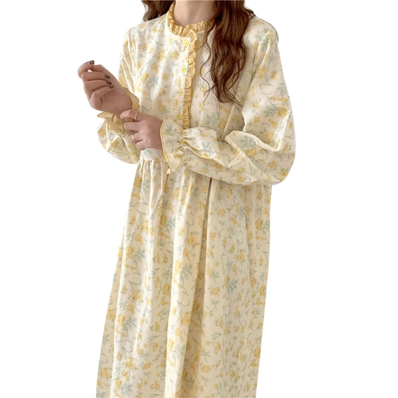 Women Puff Long Sleeve Nightgown Sweet Ruffles Trim Buttons Floral Print Sleep Dress Full Length Loose Pajamas Sleepwear 37JB
