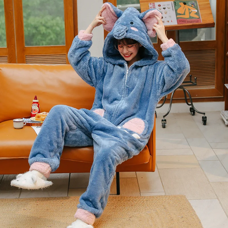 Elephant Women Onesies Animal Pajamas Kigurumi Thick Coral Velvet Loungewear Anime Cartoon Costume Halloween One-piece Jumpsuits