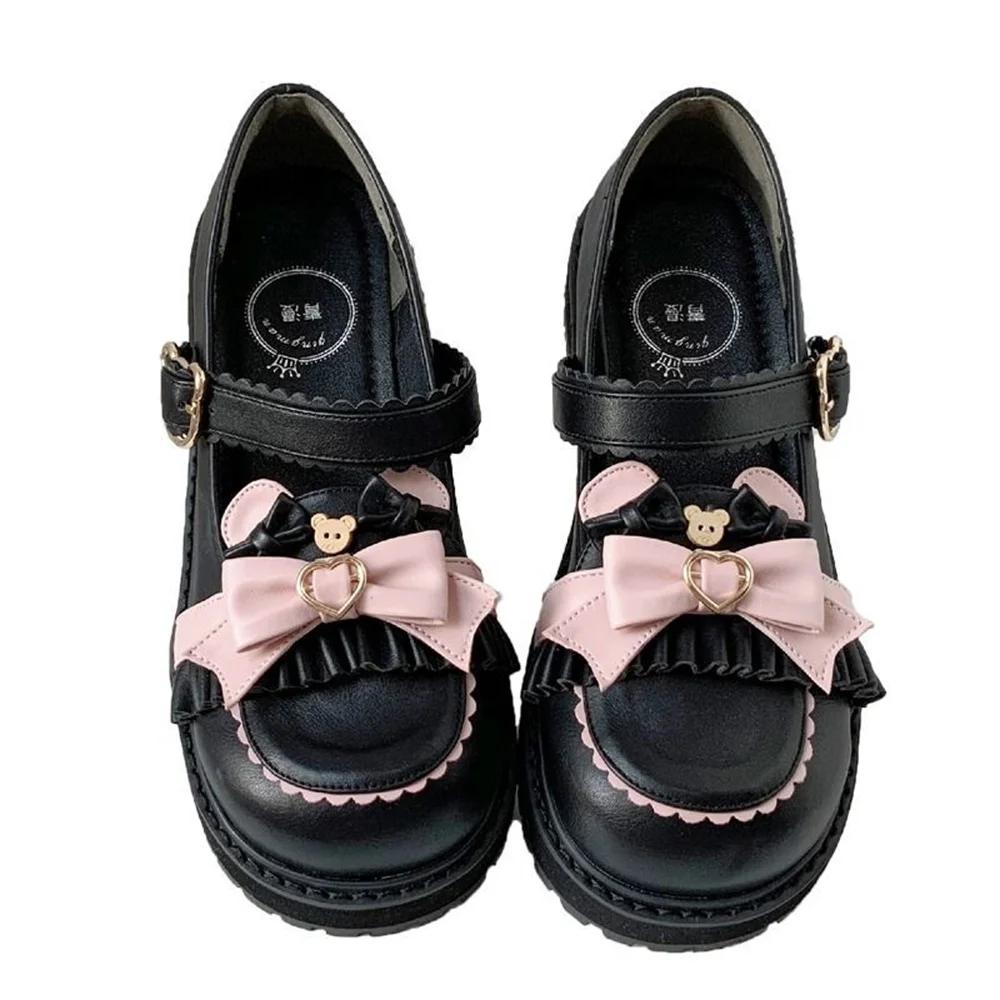 Kawaii Bowknot Bear Lolita Shoes Japanese JK Uniform Shoes Retro British College Style Female Student Lovely Round Toe Shoes