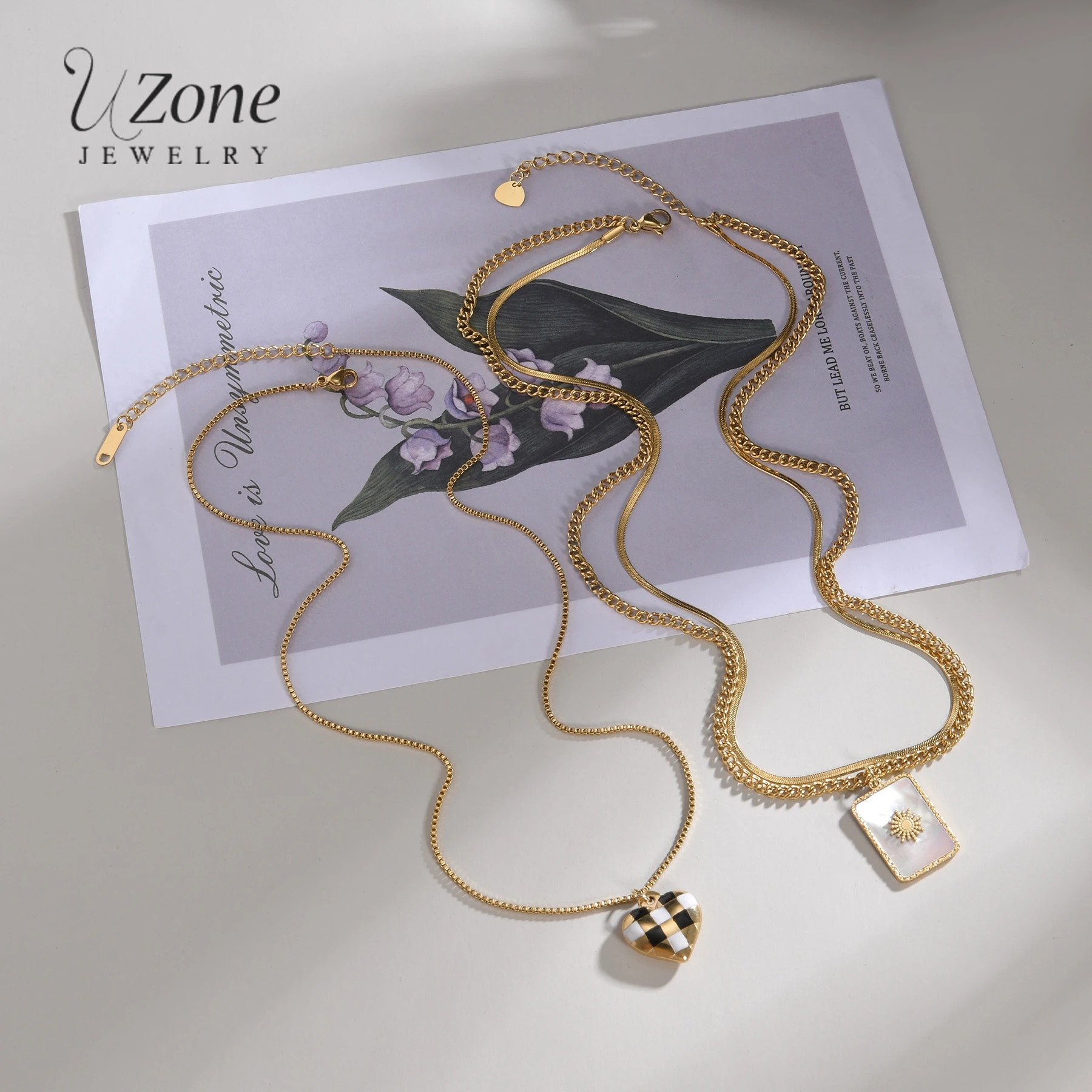 

UZone New Charm Heart Necklaces for Women Stainless Steel Pendant Fashion Checkerboard Necklace All-match Jewelry Gift Hot Sale