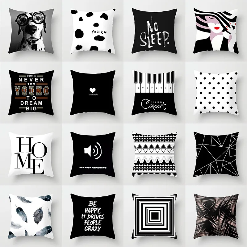 

Black&White Pattern Home Decoration Pillowcase Super Soft Short Plush Square Cushion Cover Office Car Throw Pillow Case 45*45cm