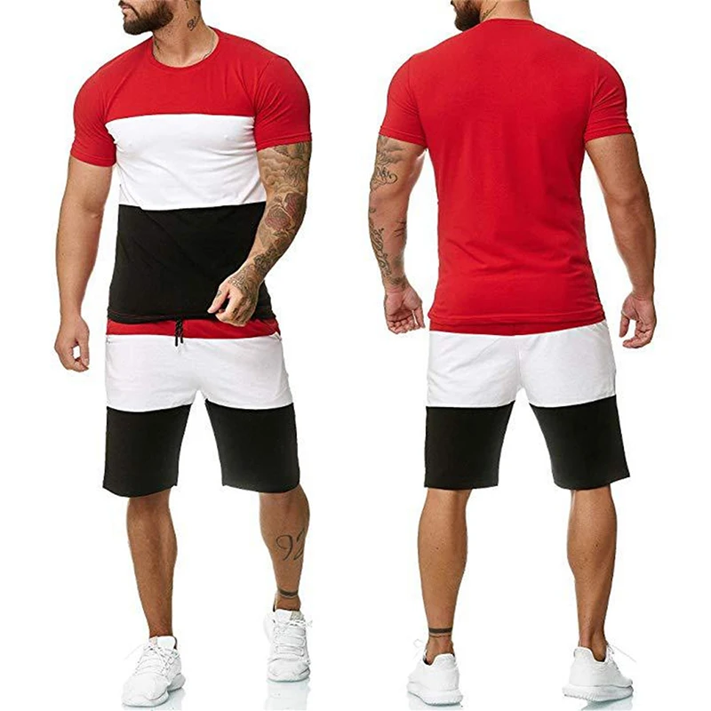 

Summer Men's Sports Suit T-shirt + Shorts Striped Solid Color Stitching Workout Clothes 2-piece Set 3D Short-sleeved Sportswear