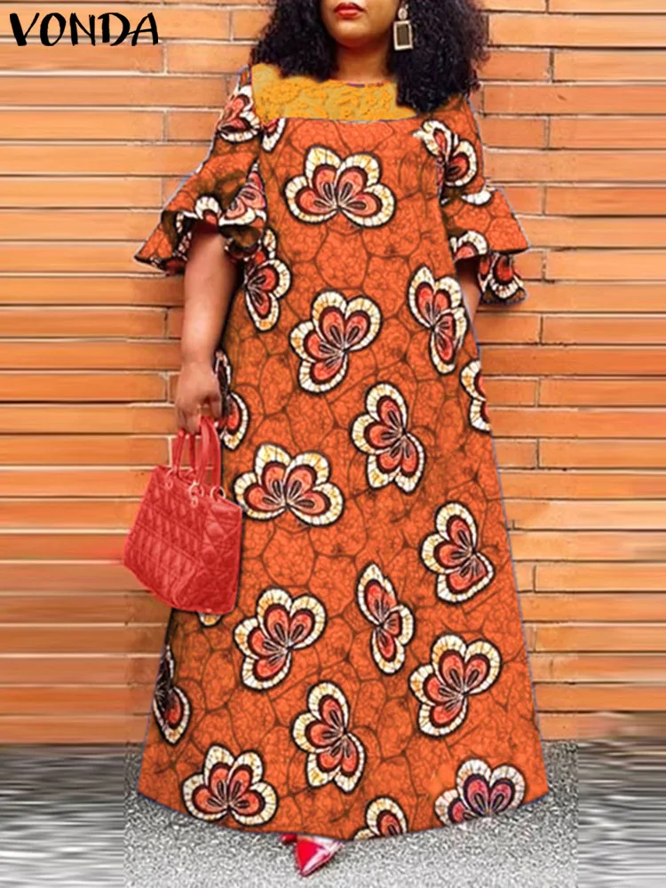 

Богемный Женский цветочный принт Макси Сарафан VONDA 2023 летнее гофрированное платье с расклешенным рукавом Кружевное лоскутное повседневное пляжное платье