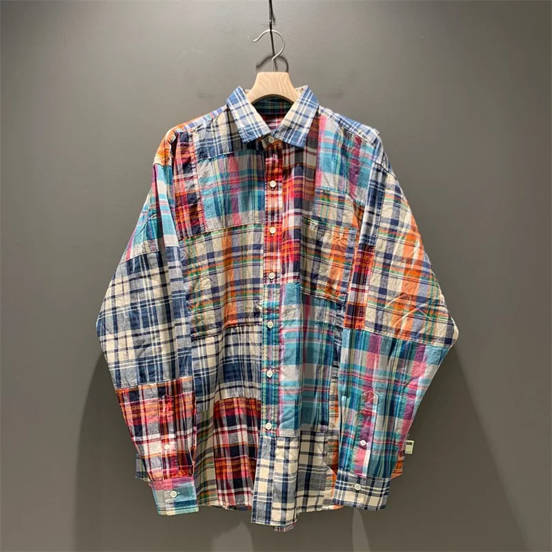 

Work BEAMS SSZ Patch Shirt Color Blocking Grid Men's And Women's Long Sleeved Shirts