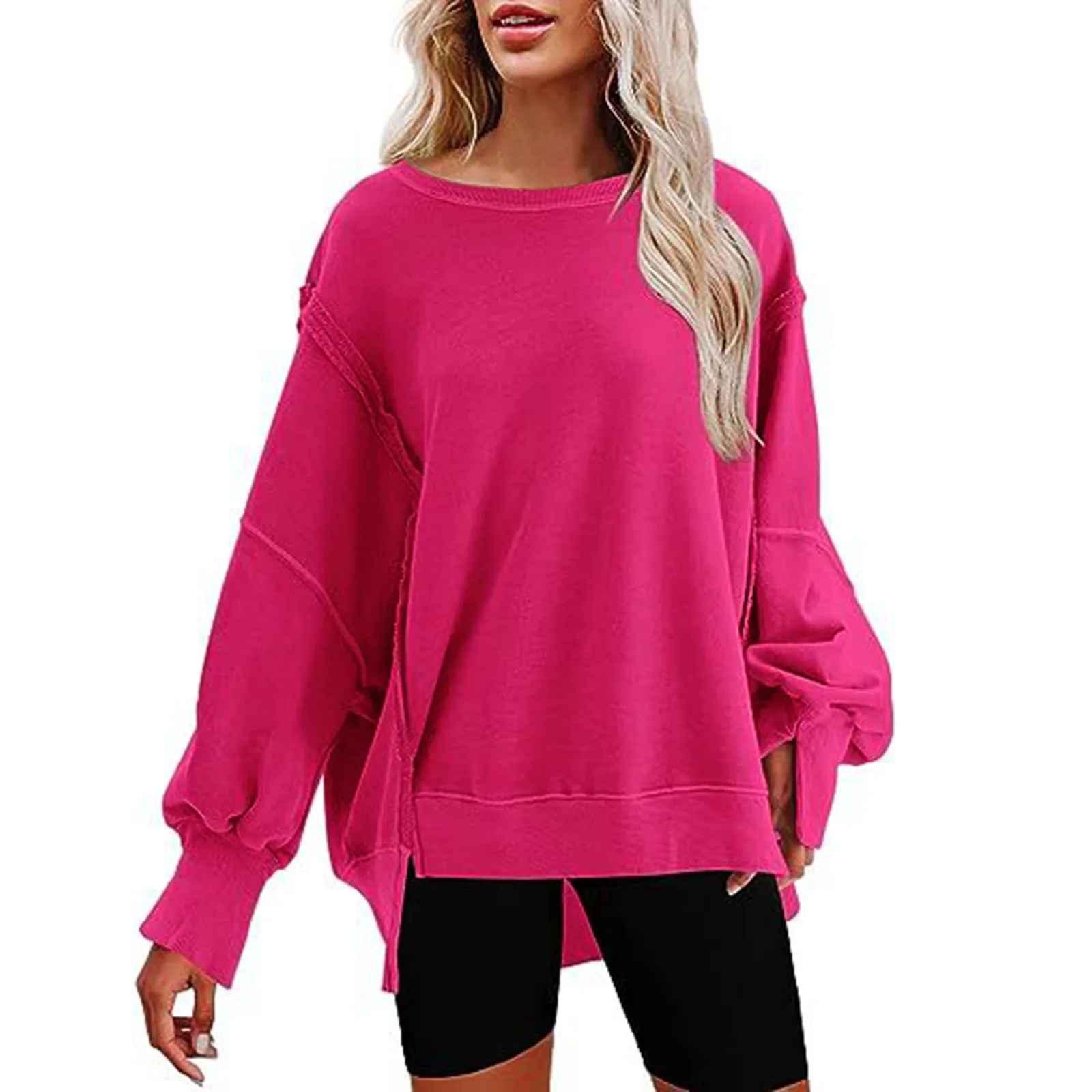 

2023 Autumn New Women's Fashion Side Split Irregular Hem Blouse Casual Oversize Solid Color Loose Round Neck Pullover Sweatshirt