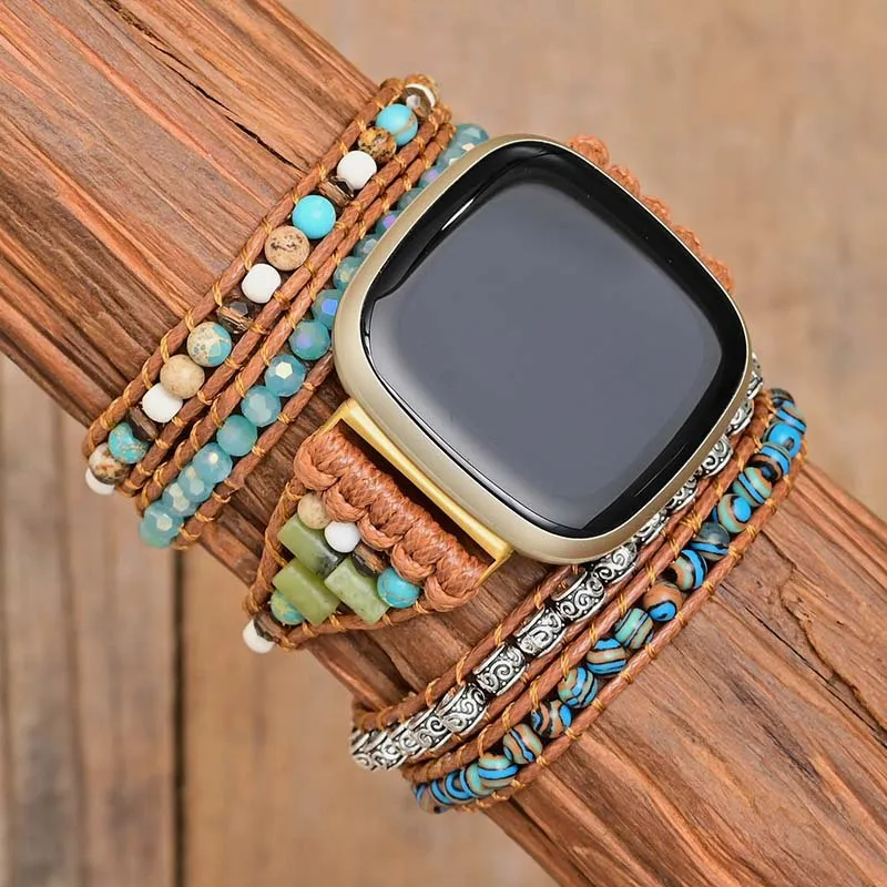 Natural Gemstone Beads Bracelet Strap For Fitbit Versa 1 2 3 4 Band Rope Woven Bohemian Watchband For Fitbit Sense/Sense 2