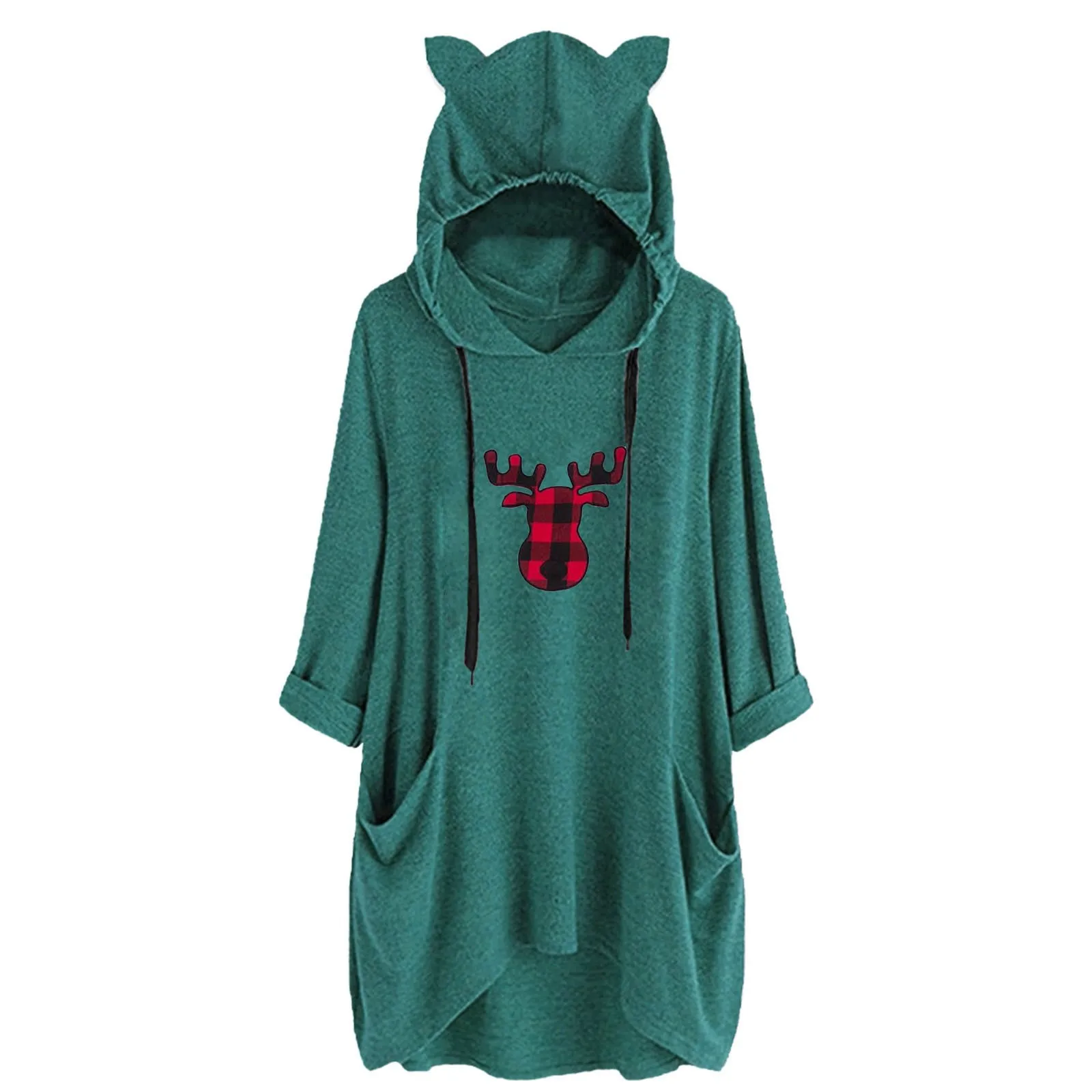 

Loose Ears Hat Hooded Dress Women Christmas Cute Print Long Sleeve Two Pockets Sweatshirt Hoodies for Women Vestidos Mujer Robes
