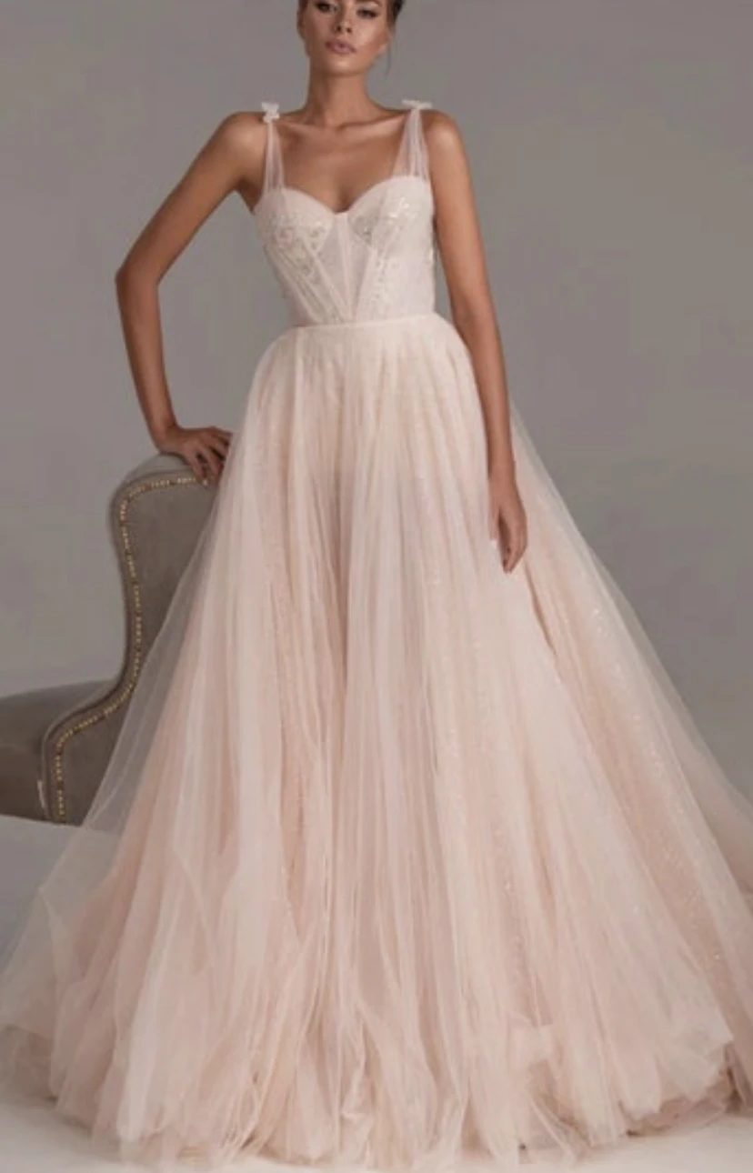 

Verngo Blush Pink Tulle Long Prom Dresses Sweetheart Beads Floor Length Fairy A Line Evening Gowns Formal Occasion Dress