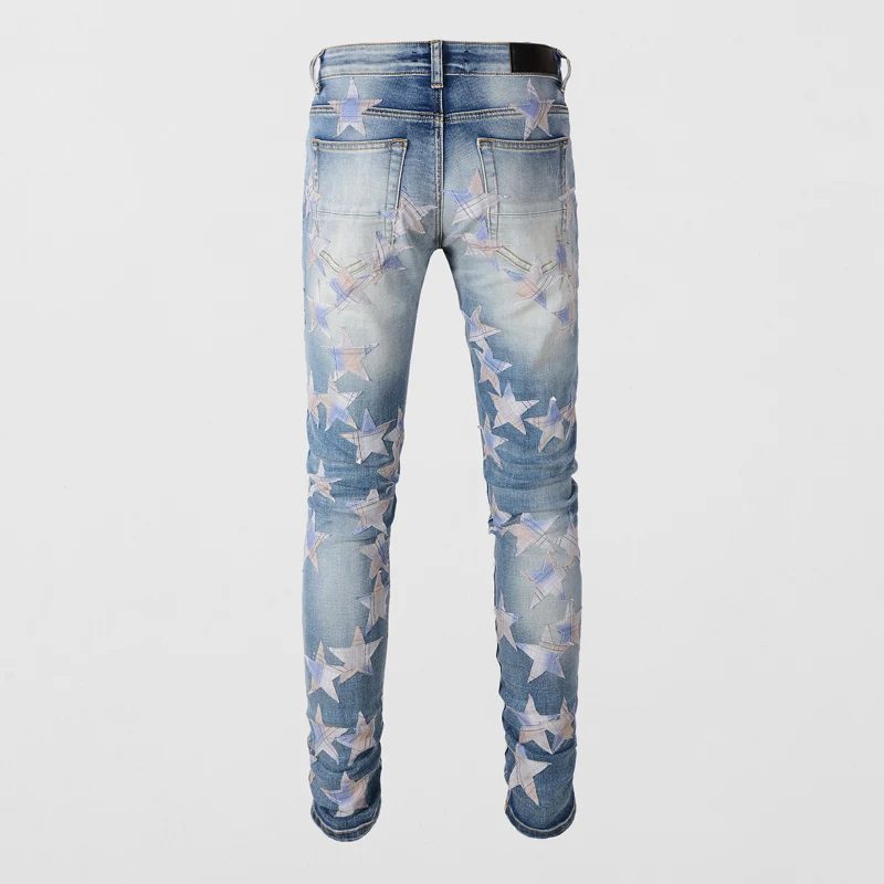 Street Fashion Men Jeans Retro Light Blue Stretch Slim Ripped Jeans Men Hip Hop Hole Trousers Patch Designer Brand Pants Hombre