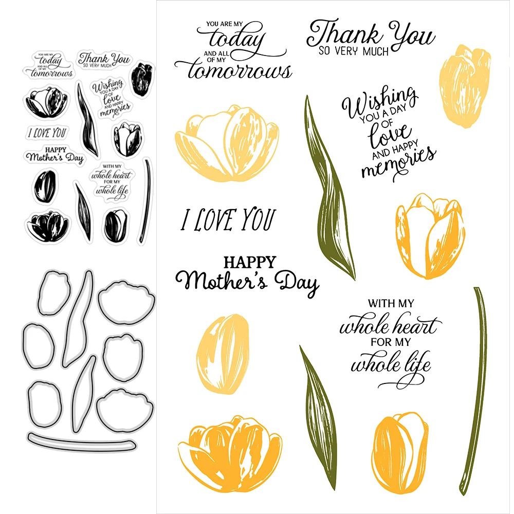 Металлические штампы MangoCraft с золотым тюльпаном и цветком прозрачные сделай сам