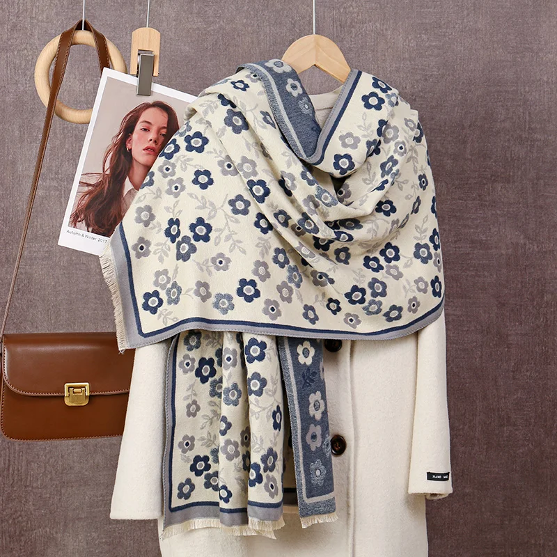 Модный кашемировый шарф с цветочным принтом шаль кисточками женский толстый