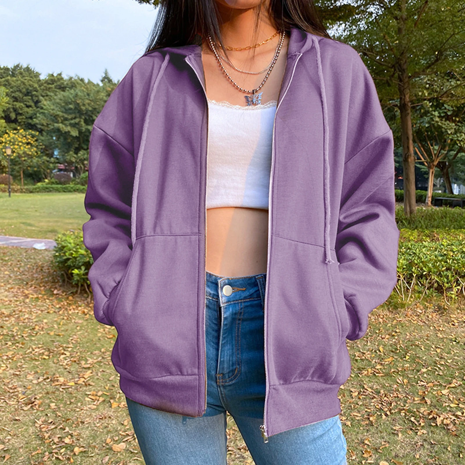 

Zip Up Hoodie Y2K Style Fashion Hip Hop Women Hoodie with Pockets Loose Fit Solid Color Casual Style Long Sleeve Streetwear Suit