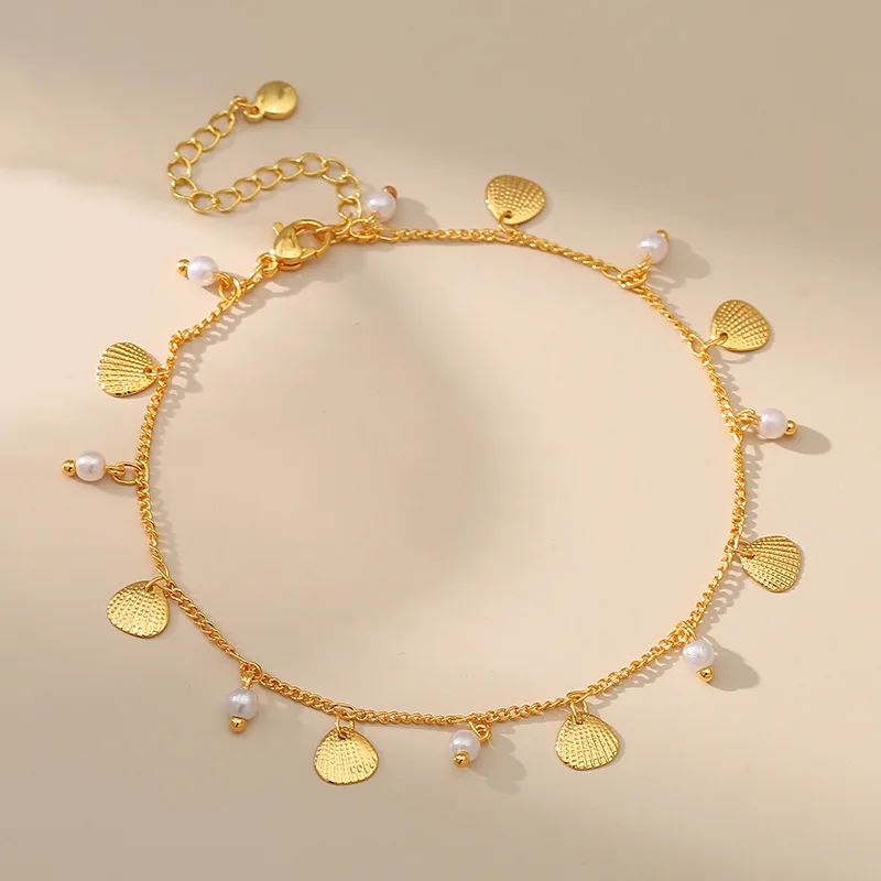 

Creative Small Shell Pendant Anklet with White Beads 18K Gold Plating Fancy Women Anklets Summer Jewelry Gifts To Girls