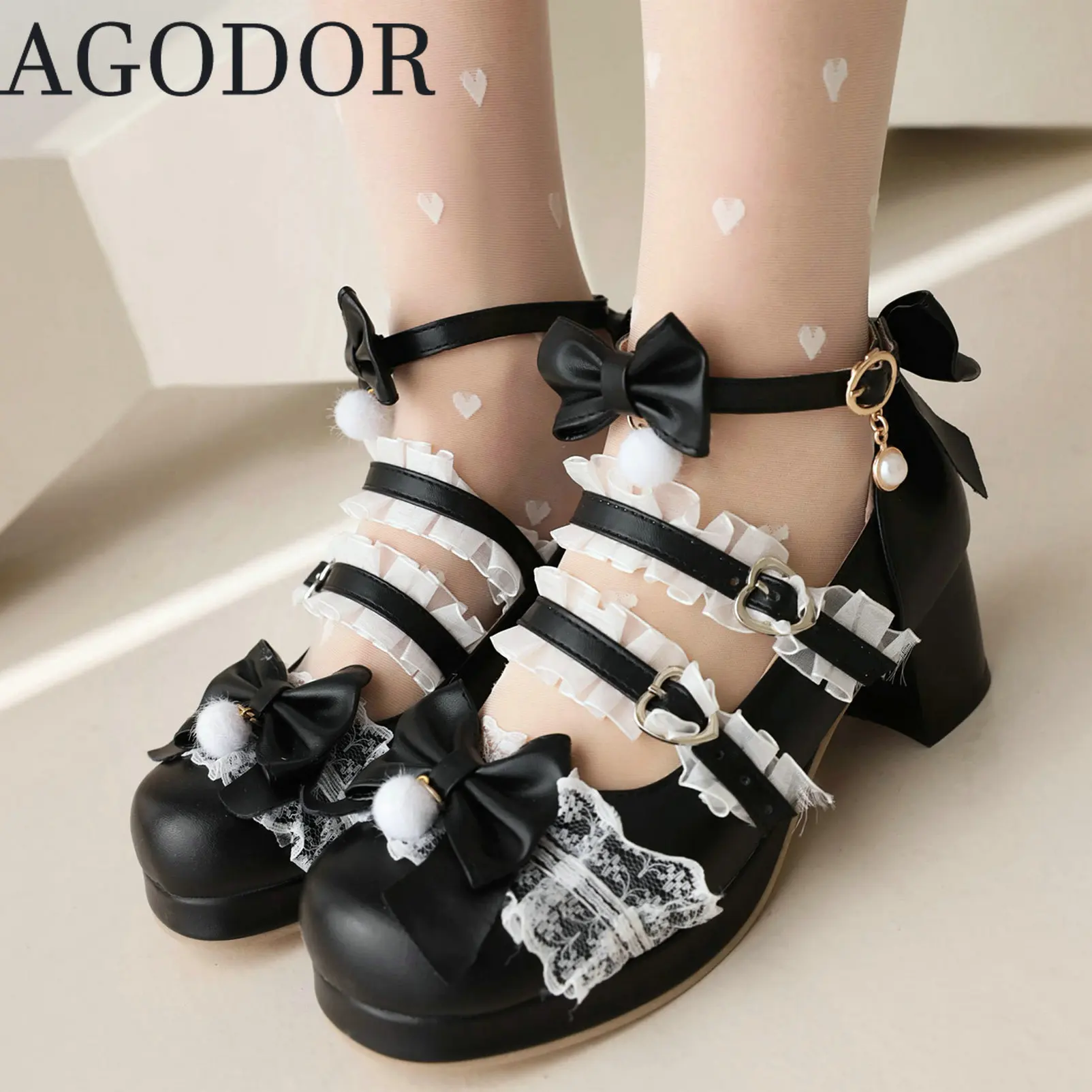 

AGODOR Kawaii Shoes Lolita for Women Pink Mary Janes Platform Chunky Mid Heel Lace Pumps Ankle Strap Pumps Sweet Bow Shoes