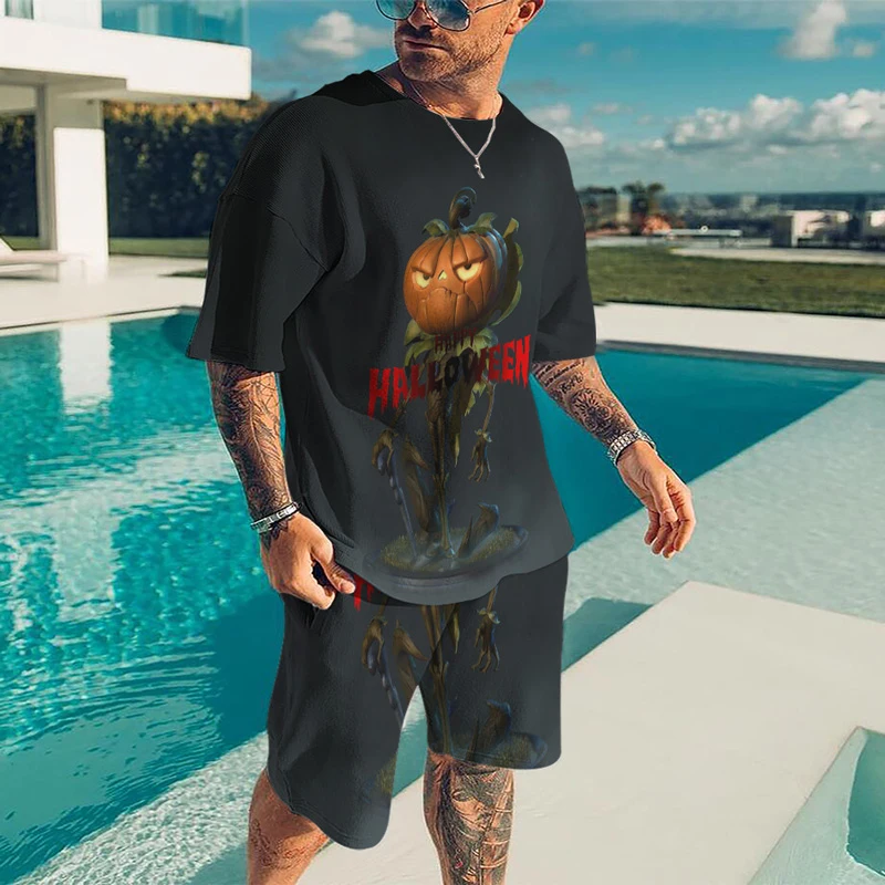 Summer Men's Casual Street Beach Shorts Set 3D Printing Color Halloween Thriller Crew Neck Street Home Short Sleeve Two-piece Se