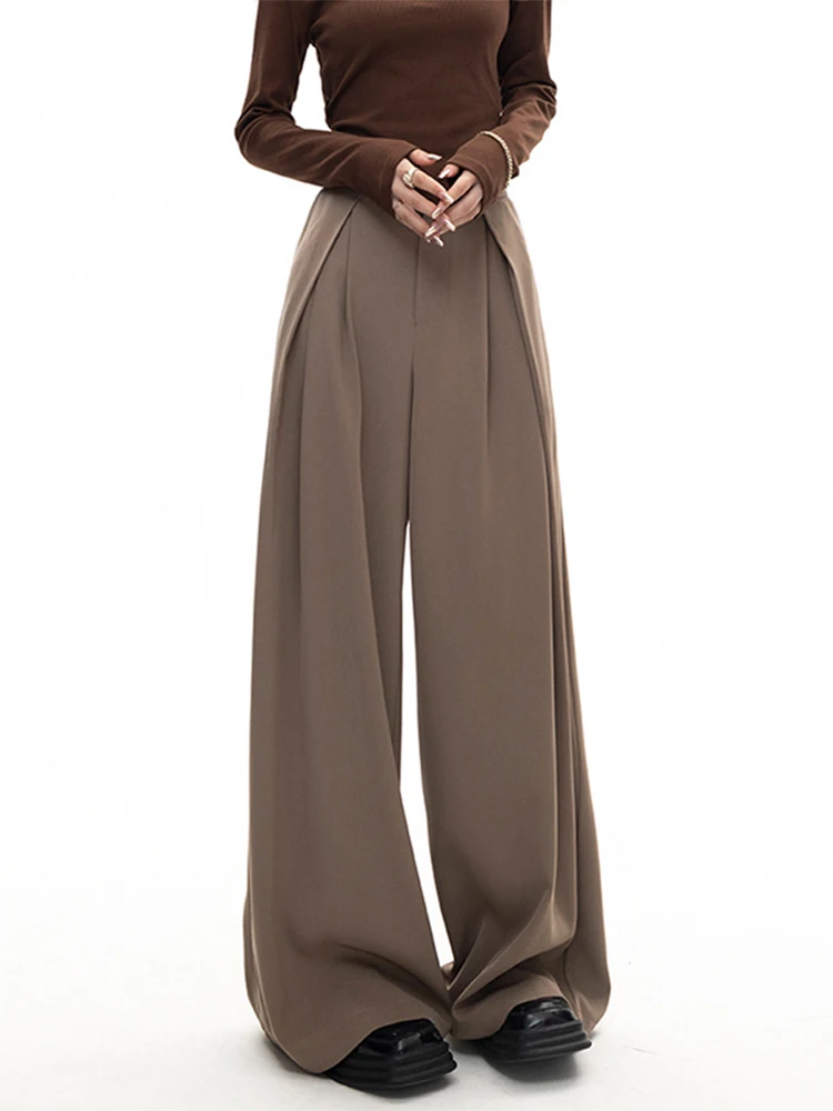 2023 New Design Women Solid Color Pleated Long Trousers Baggy Straight Loose Wide Leg Pants Daily Simple Basic Streetwear Chic