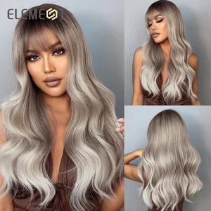 Element Long Body Curly Synthetic Wig with Bangs Ombre Dark Root to White Blonde Wigs for Women Daily Use Heat Resistant