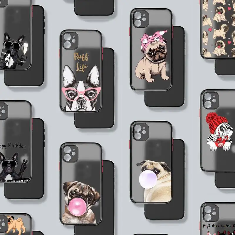 

Cute dog puppy Pug Bulldog blowing Phone Case Black Color Matte Transparent For iPhone 13 12 11 Mini Pro X XR XS Max 7 8 Plus