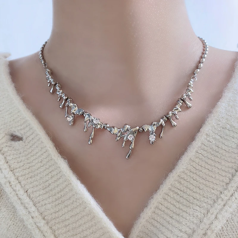 

Unique Water Droplet Pendant Necklaces Irregular Silver Color Chain Necklace for Women Chic Party Birthday Jewelry