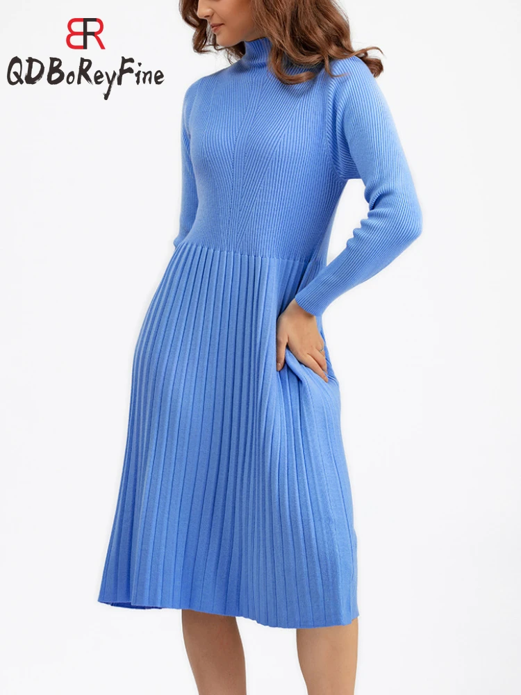 

Winter Women Long Knit Sweater Dress Half Turtlneck Basic A Line Warm Slim Dresses Office Ladies Female Maxi Dress for Women