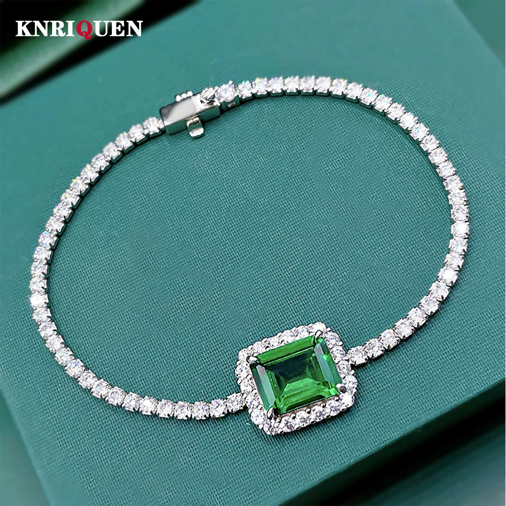 

Vintage 100% 925 Real Silver 8*10mm Emerald Ruby High Carbon Diamond Chain Bracelet Party Fine Jewelry Anniversary Gifts 16-18cm