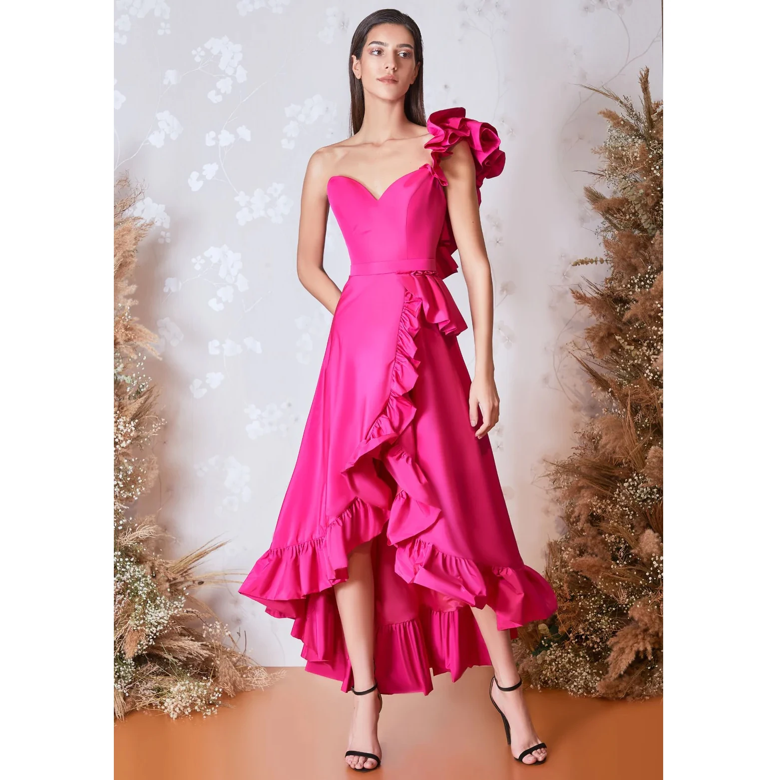 

KSDN, ярко-розовое платье для выпускного вечера на одно плечо, плиссированное милое платье с высоким/низким атласом, трапециевидной формы, для особых случаев, для дня рождения