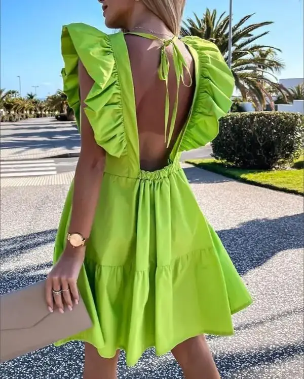 

Женское платье с оборками на подоле, зеленое мини-платье с открытой спиной и V-образным вырезом в пляжном стиле, лето 2022