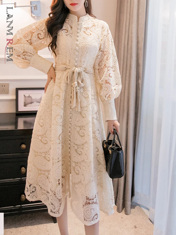 

LANMREM бежевое кружевное ажурное платье с длинными рукавами-фонариками, облегающее Бандажное платье, женская мода 2022, весна-лето, 2R1089