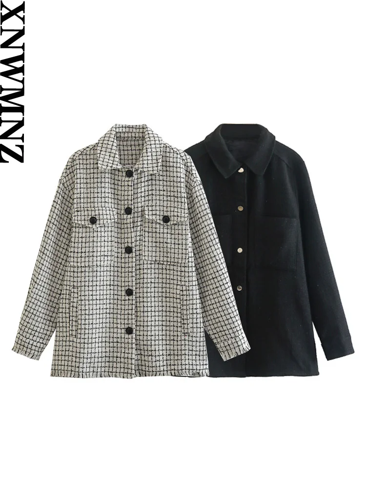 

XNWMNZ Women Fashion Pockets Loose Tweed Jacket Coat Vintage Long Sleeve Hem Female Outerwear Chic Tops