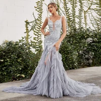 2022 new gray formal prom dress sweetheart appliques and mermaid tulle ruffles backless long evening gown robes de soir%c3%a9e