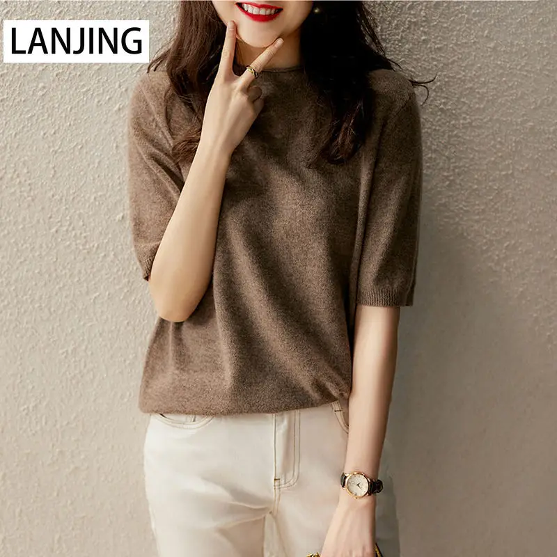 

Новинка весна-лето 2021 футболка с коротким круглым вырезом и рукавом средней длины вязаный свитер из вискозы Облегающая рубашка с коротким р...