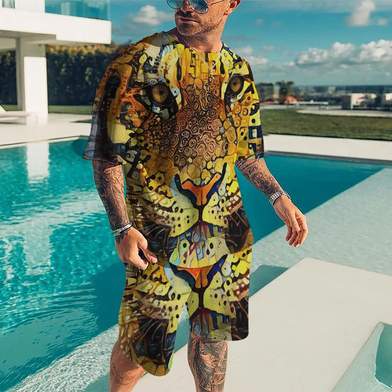 Summer Men's Short Sleeve Shorts Suit Men's Loose Casual Short-Sleeved Suit 3D Digital Lion Figure Printed T-shirt Suit