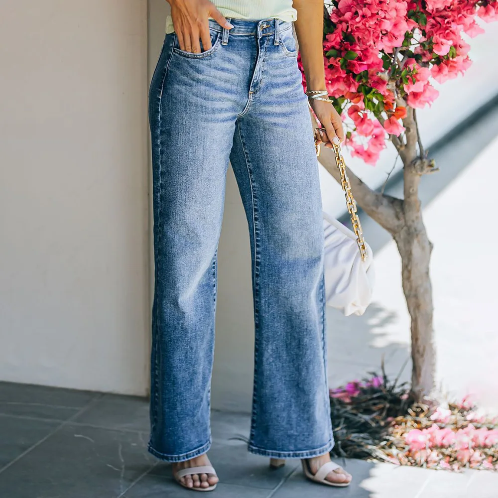 2023 Spring New Women Stylish Elegant Blue Jeans Simple Casual Commuter Office Ol Straight Jeans Female