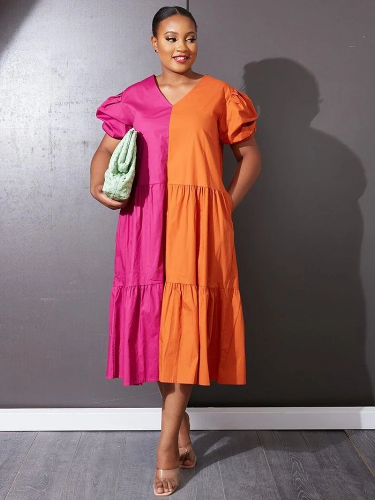 

Women Shirt Dress Loose Patchwork Short Sleeves Contrast Color V Neck Large Size Oversized Female African Robes Summer New Robes