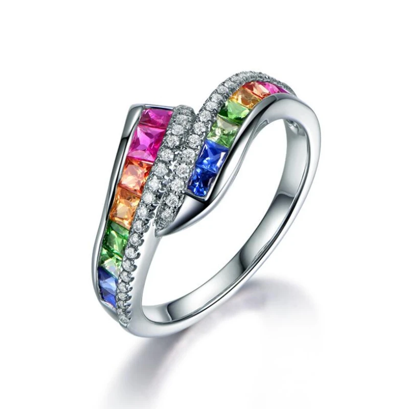 

Milangirl New Trendy Ladies White Filled Multicolor Rainbow AAA Zircon Elegant Ring Wedding Engagement Rings Jewelry Whole Sale