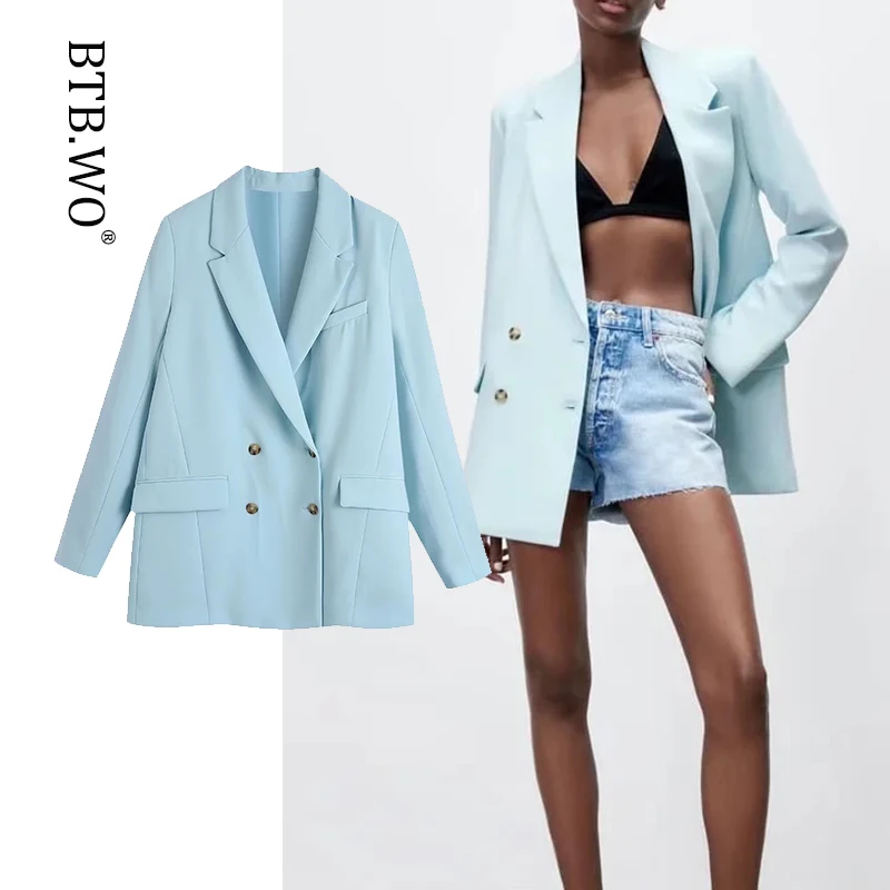

Женский двубортный твидовый Блейзер BTB.WO, винтажный пиджак с длинным рукавом и карманами с клапаном, верхняя одежда, шикарный пиджак