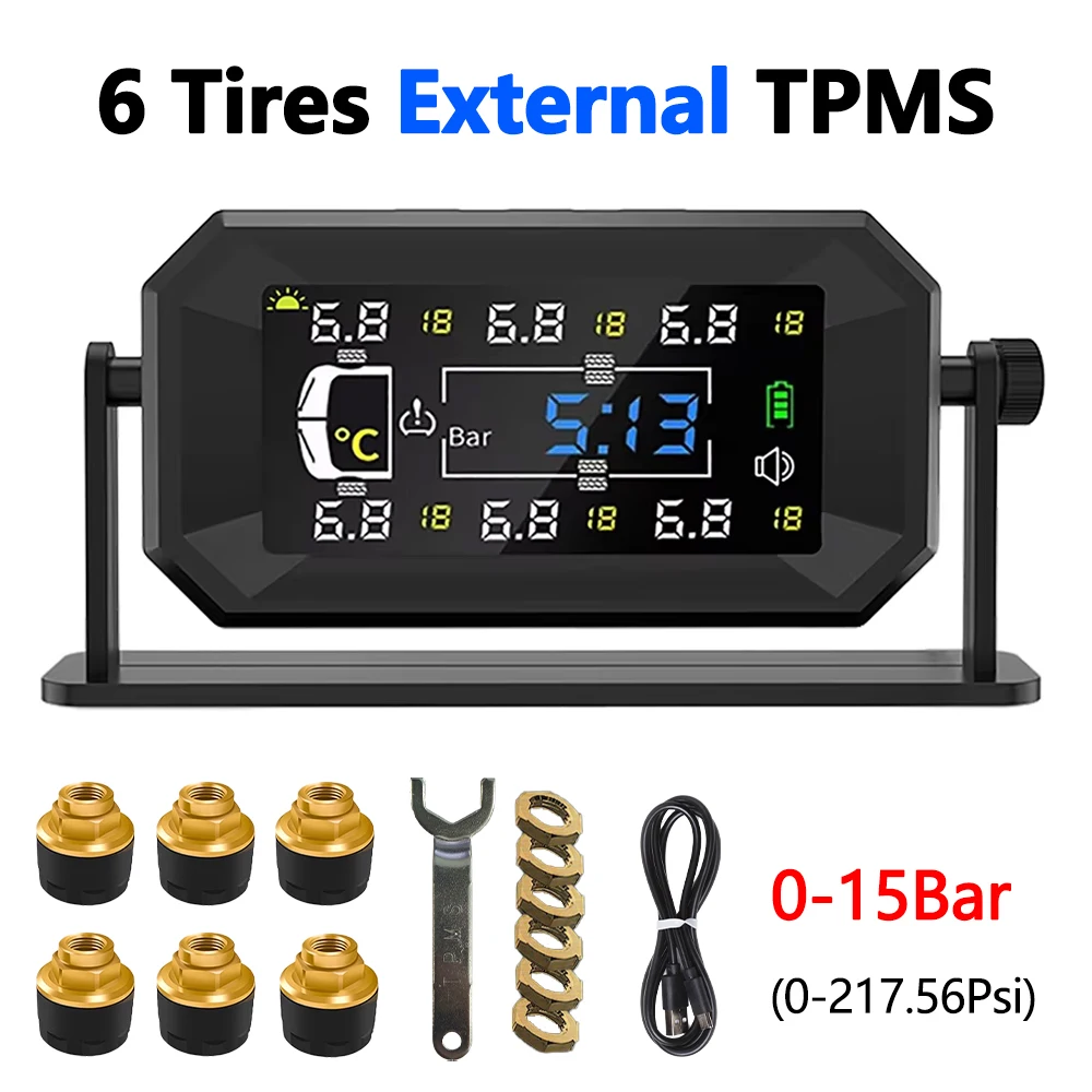 

SANAN Автомобиль RV Грузовик Интеллектуальная TPMS Солнечная система контроля давления в шинах 8 бар 15 бар Часы температуры Воздушная сигнализация 6 Датчик колес