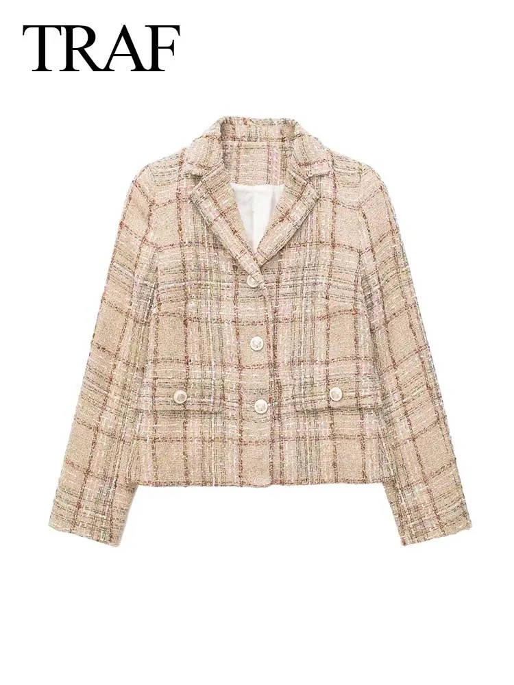 

TRAF Fashion Ladies Casual Blazer Long Sleeve Cropped Top Retro Plaid Coat Elegant Single Breasted Textured Casual Women's Top