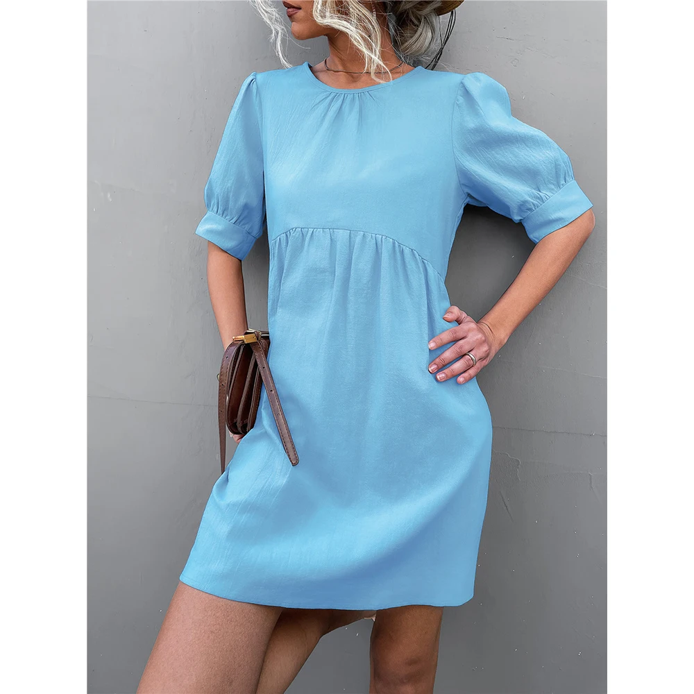 

Женское однотонное платье миди из хлопка и льна, повседневное Свободное длинное платье с круглым вырезом, пуговицами, пышными рукавами и пл...