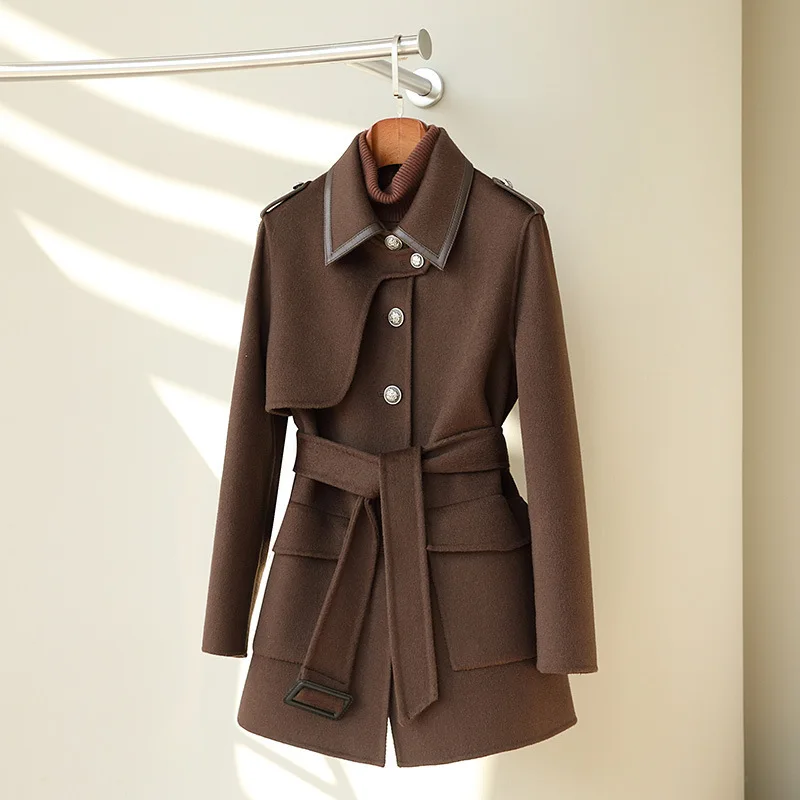 

Повседневное твидовое пальто, двустороннее кашемировое пальто, Женское шерстяное пальто средней длины в стиле милитари, 2023