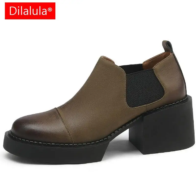 

Dilalula 2023 весна осень женские туфли из натуральной кожи повседневные офисные дамские Ретро лаконичные туфли на толстом каблуке на платформе для женщин