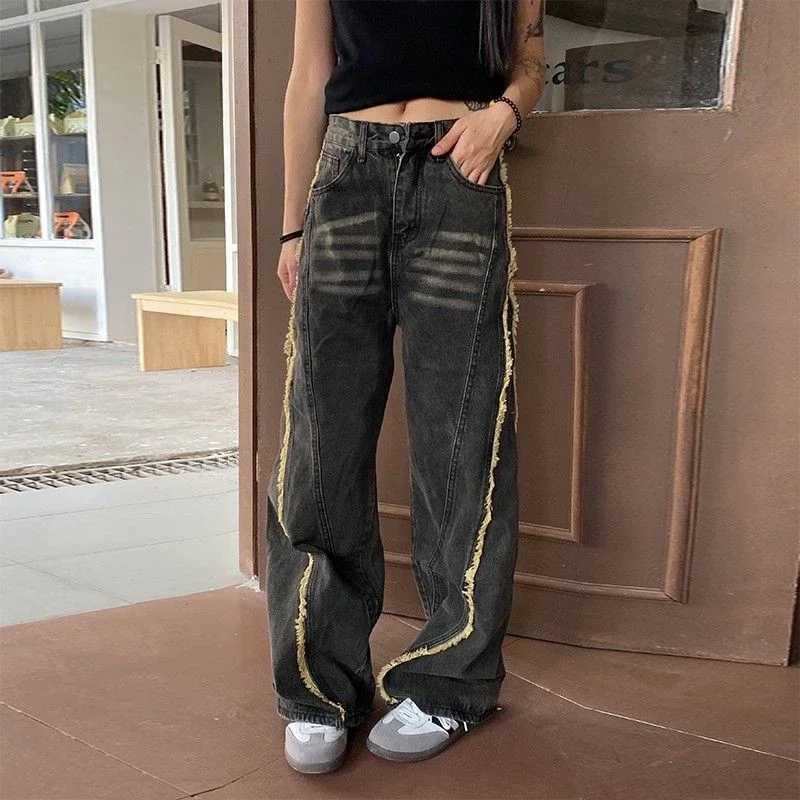 Женские винтажные джинсы унисекс с дизайном краев крутые широкие джинсовые