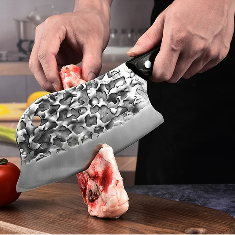 Traditional Handmade Forged Kitchen Knife Hammer Stainless Steel Chef's Chopper Cooking Knives Wooden Meat Slicer Butcher
