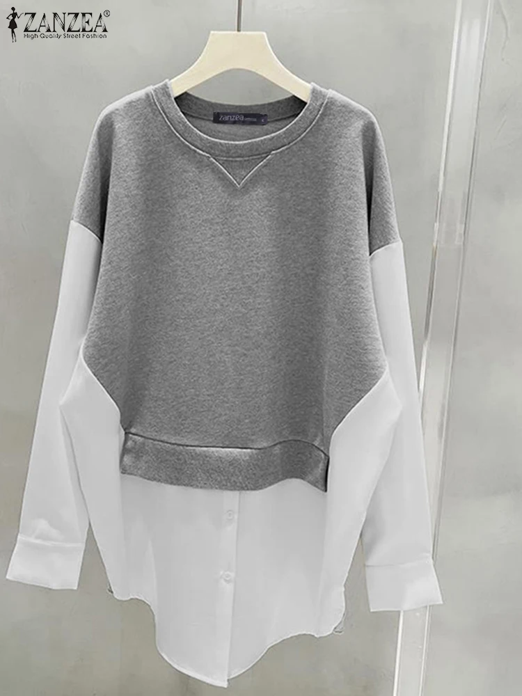 

Women Casual Long Sleeve Patchwork Blouse ZANZEA Elegant O Neck Solid Chemise 2022 Spring Oversized Shirt Office Work Pullover