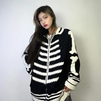japan dark rib embroidered sweater black pink cardigan mens and womens skull zipper knitted wool blend loose coat amekaji